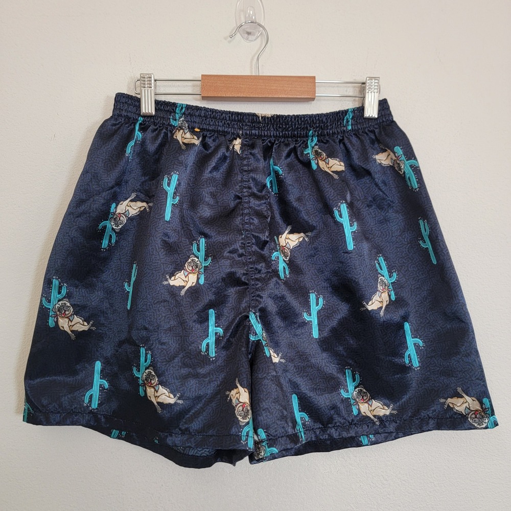 Anko Mens Large Navy Blue Pug Dog Cactus Print Satin Sleep Boxer‎ Shorts Novelty
